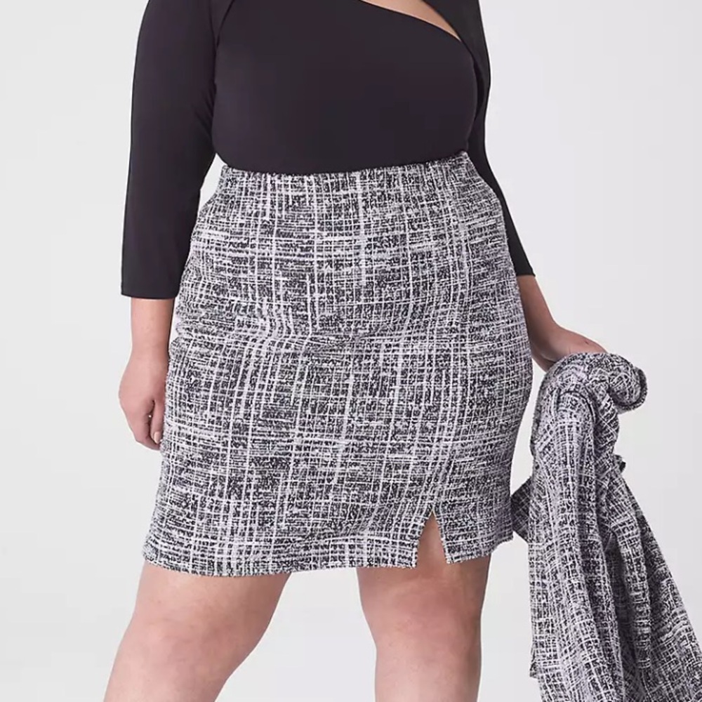 LANE BRYANT Tweed Knit Mini Skirt Black White Gray Elastic Waist Sz 16 NWT